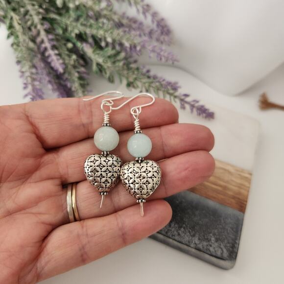 Amazonite Stone Silver Heart Dangle Earrings - Picture 6 of 8